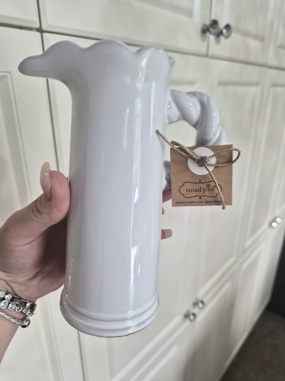 Mud Pie Glossy White Ceramic Pitcher with Twisted Handle